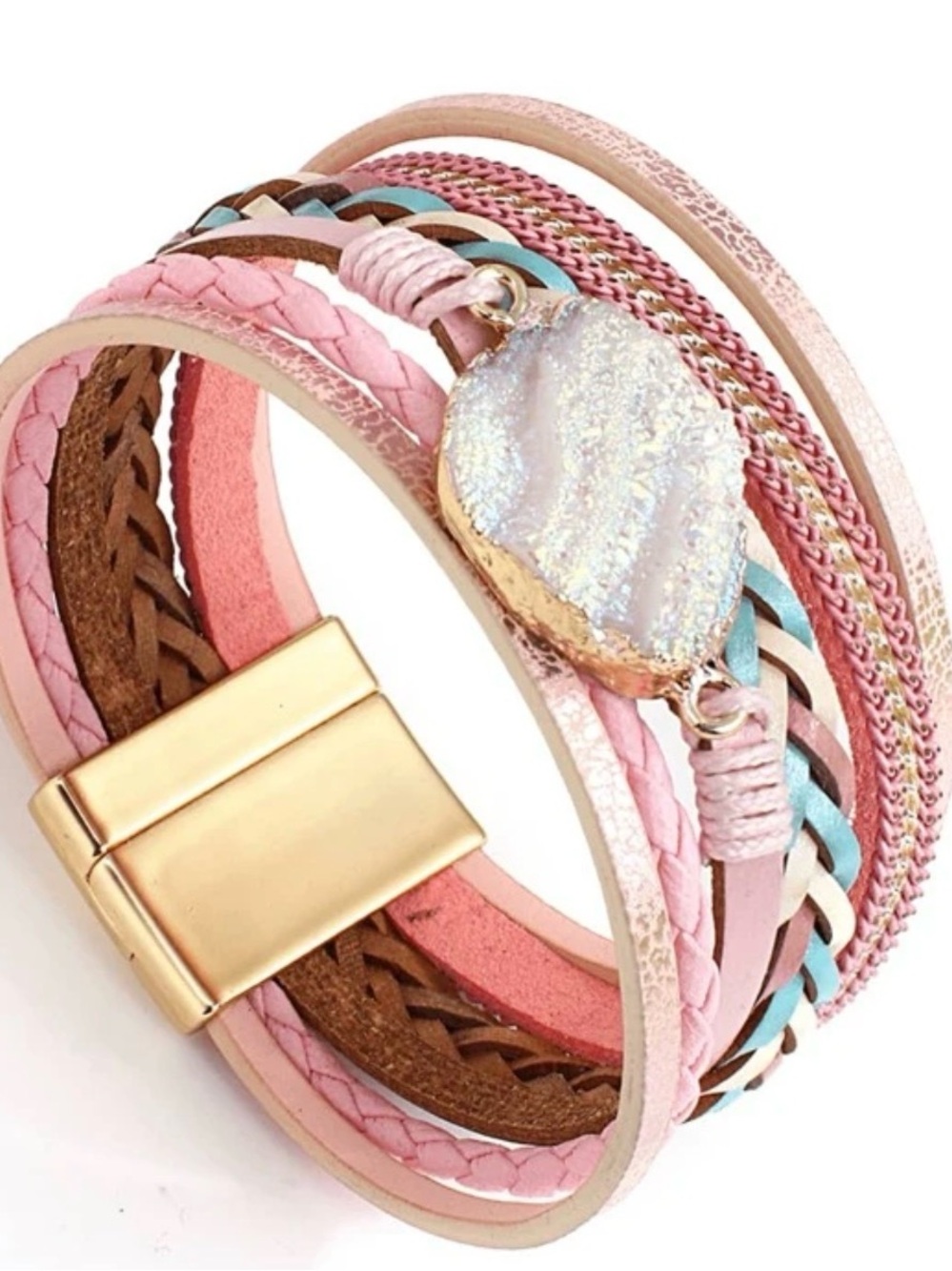 Multi-Strand Pink Druzy Wrap Bracelet with Gold Accent